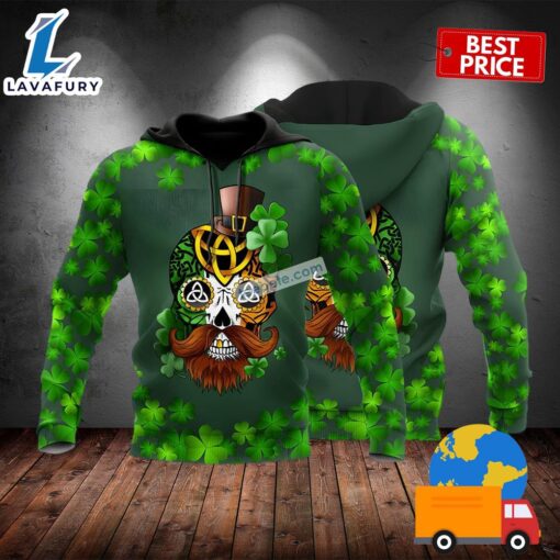 St Patrick Day Skull And Four Leaf Clover Green 3D Novelty Hoodie 2025