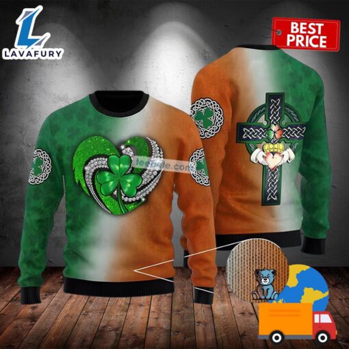 St Patrick Heart Shamrock And Celtic Cross Green Couples Ugly Sweaters 2025