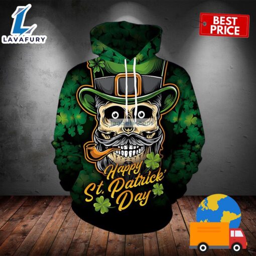 St Patricks Day With Clover Skull Green 3D Full Print Hoodie 2025